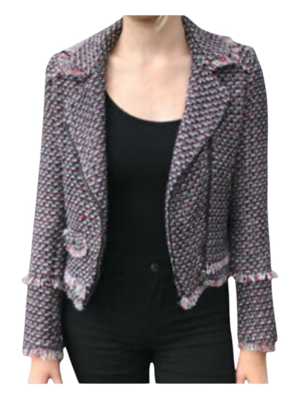 ZARA TRF OUTERWEAR Tweed Moto Blazer in Red, White, Blue & Gray, Size M.